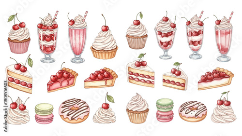 A charming watercolor collection of classic cherry treats, featuring cupcakes, cream-topped cakes, cherry parfaits, milkshakes, and pastries.