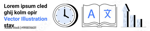 Educational presentations, productivity tools, time management, language learning, data analytics, corporate training. Clock icon, open book with letters bar chart. Productivity tools and time