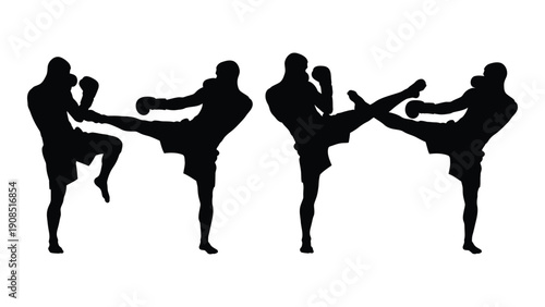 Muay thai silhouette sequence showing a fighter executing a powerful roundhouse kick