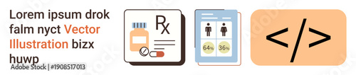 Healthcare data management, technology innovation, coding programming, medical records, gender analysis, pharmaceutical services. Prescription icon, gender data chart coding symbol. Healthcare data
