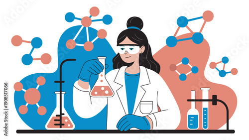 Professional female scientist, chemistry lab work, colorful liquids in flasks, wearing lab coat and safety goggles, scientific experiment, vector illustration
