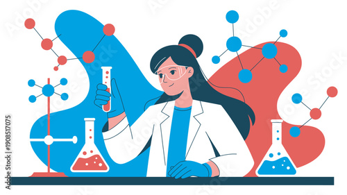Professional female scientist, wearing lab coat and goggles, performing chemistry experiment, colorful liquids in glass flasks, laboratory research, educational vector illustration