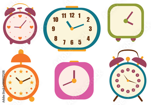 Colorful Retro Alarm Clock Vector Illustration Set. Six colorful retro alarm clocks in various designs.