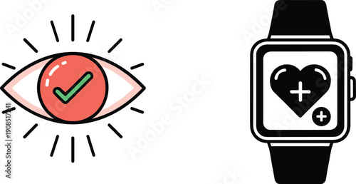 Eye verification checkmark icon and smartwatch heart health monitoring vector illustration set minimal outline style design