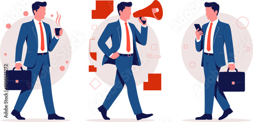 Businessman character set in blue suit holding briefcase megaphone and smartphone for corporate communication and office lifestyle concept
