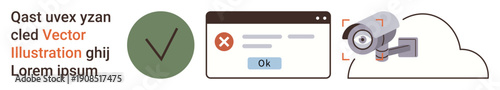 Cybersecurity, access verification, system monitoring, data privacy, cloud security, error alert. Camera on cloud, system prompt checkmark icon. Cybersecurity and access verification concept
