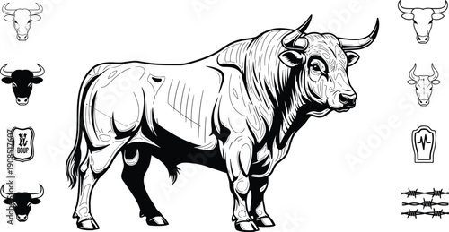 Intense bull illustration with surrounding graphic elements like charts and barbed wire, conveying themes of power, finance, or control. Monochromatic design.