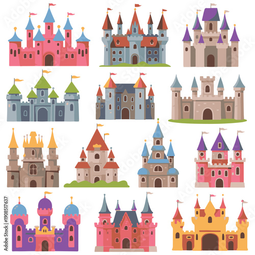 Fairy tale castle vector illustration with towers and flags in a medieval fantasy village