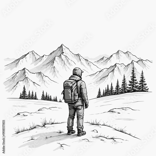 Man standing on snowy mountain landscape with backpack and trees  