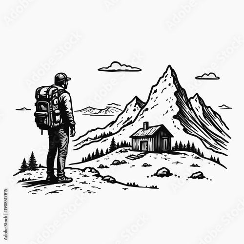 Hiker standing on mountain lookout with backpack admiring landscape  