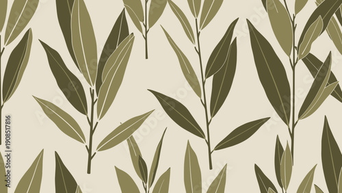 Elegant Botanical Pattern Seamless Repeat - Olive Green Leaves on Beige Background