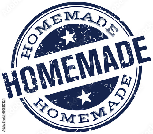 Vintage homemade stamp with blue ink on white background shows distressed texture