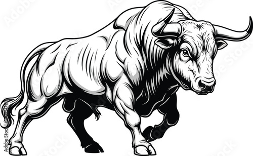 Intense, muscular bull illustration in a charging pose, rendered in high contrast black and white for a powerful and aggressive visual impact.