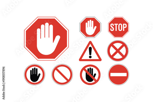 Collection of road and warning signs with stop and no entry symbols on white background