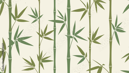 Seamless Bamboo Botanical Pattern - Green Leaves and Stalks on Cream Background