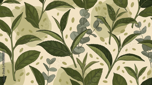 Seamless Botanical Pattern: Green Leaves and Abstract Shapes on Cream Background