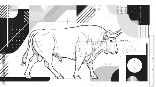 Bull illustration with blueprint-style graphic elements, scale rulers, and geometric shapes, representing technical design, planning, and construction.
