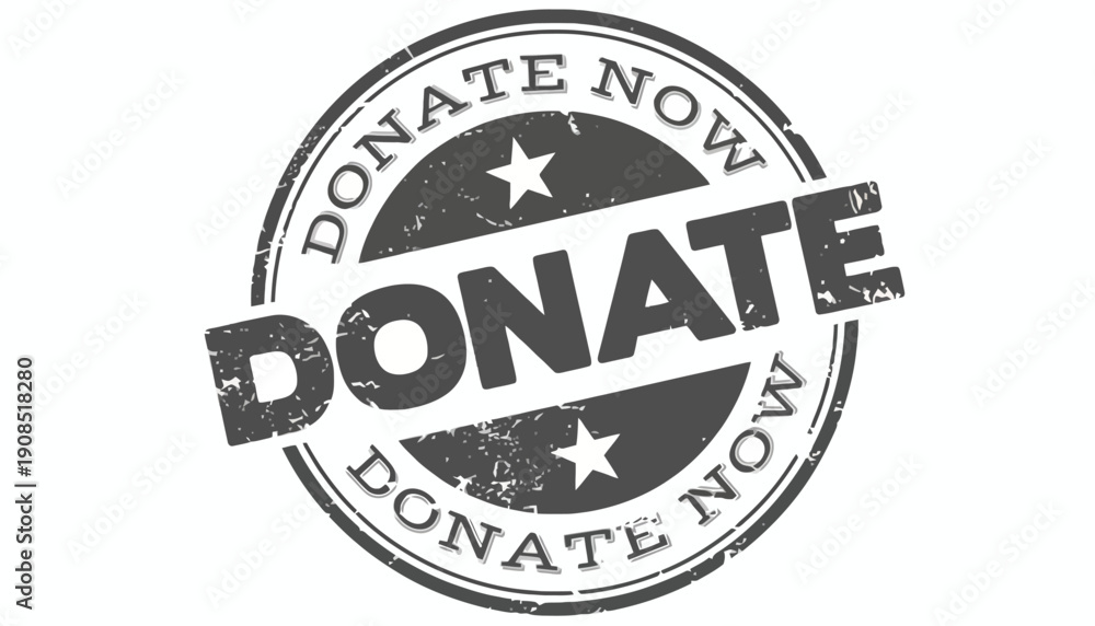 Fototapeta premium Donate now campaign logo with distressed stamp and star design