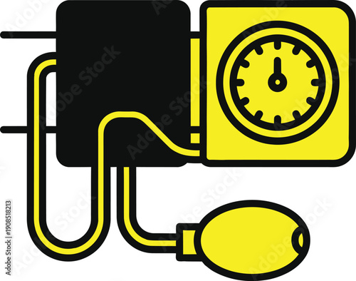 Medical device illustration featuring a blood pressure monitor and pump system