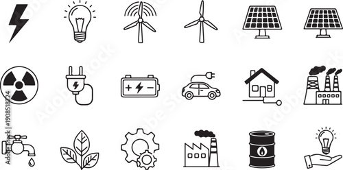 Diverse icons representing various aspects of energy, industry, and sustainability Vector