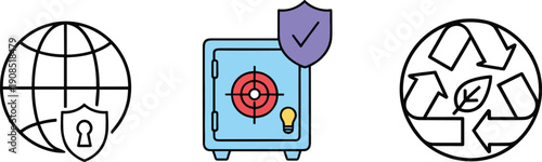 Global security protection safe vault shield and recycling earth vector icon set outline illustration design