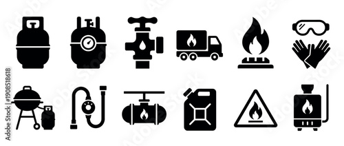 Black propane gas and fuel icon set showing various equipment like tanks, valves, a delivery truck, a grill, and safety symbols for industrial and domestic use in a flat glyph style