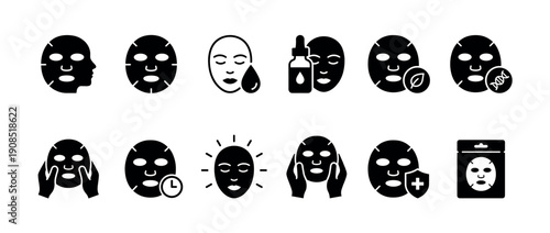 Facial sheet mask black glyph icons set showing skincare routine, cosmetic treatment, and beauty product application steps in a simple minimalist vector illustration collection