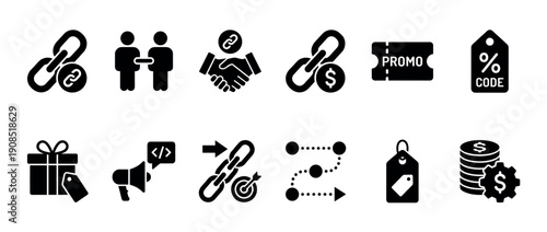 Set of black solid affiliate marketing icons representing concepts like referral links, partnerships, promo codes, and e-commerce commissions for digital business