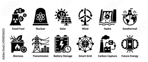 Set of black glyph icons representing various energy sources and power technologies, including renewable, nuclear, fossil fuel, transmission, battery storage, smart grid, and carbon capture
