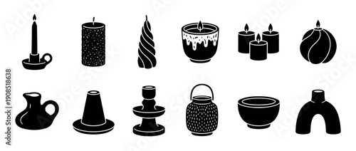 Collection of black silhouette candle and holder icons in a minimalist graphic style, featuring various wax shapes like pillar, taper, and twisted alongside decorative pottery vases and jugs