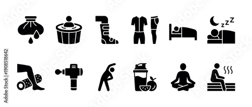 Athlete recovery methods black glyph icon set showing physical therapy, rest, wellness, and rehabilitation practices like ice baths, massage, stretching, and sleep