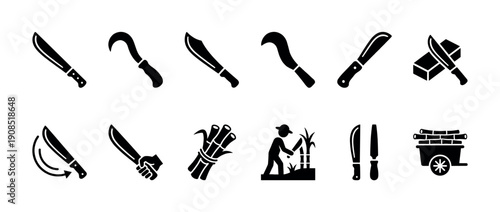 Black glyph icon set of machetes and sickles for sugarcane harvesting, showing various cutting tools, a farmer at work, bundled stalks, and a cart for transport in a simple vector style
