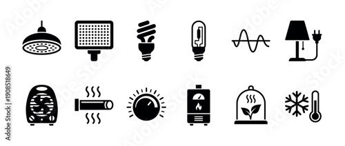 Collection of black glyph icons representing household utilities like lighting, heating, and climate control in a simple minimalist vector design set for web and app interfaces
