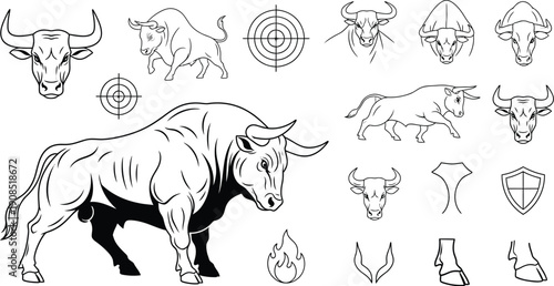Bull illustration collection with various heads, action poses, targeting graphics, flames, and shields, symbolizing power, focus, and resilience.