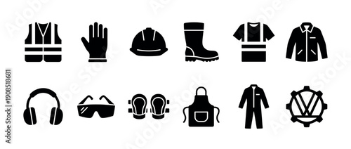 Collection of black glyph icons depicting essential personal protective equipment for workplace safety, featuring a helmet, vest, gloves, boots, glasses, and hearing protection