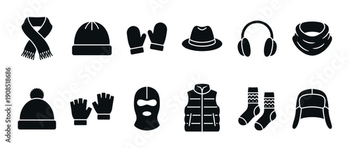 Black glyph icon set of winter accessories and warm clothes featuring a scarf, beanie, mittens, vest, socks, and various hats in a simple minimalist silhouette design