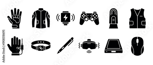 Wearable technology and smart device glyph icons featuring a virtual reality headset, haptic suit, gamepad, and other modern electronic gadgets for user interface design elements