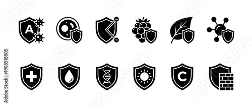 Immune system and protection black glyph icons representing health, vitamins, defense, and security concepts in a minimalist vector style