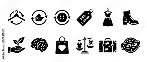 Set of black glyph icons representing sustainable fashion, including symbols for secondhand, pre-loved, vintage, recycling, upcycling, and conscious consumerism choices