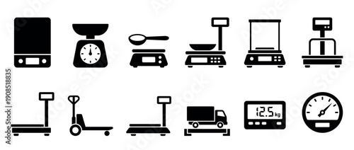 Set of black weighing scale glyph icons representing different measurement tools for kitchen, retail, and industrial logistics, including digital, analog, platform, and truck scales