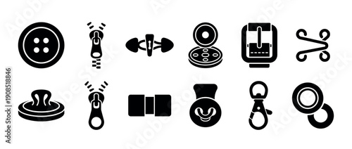 Black solid icons of sewing accessories and clothing fasteners including button, zipper, clasp, buckle, and grommet in a minimalist graphic vector style collection