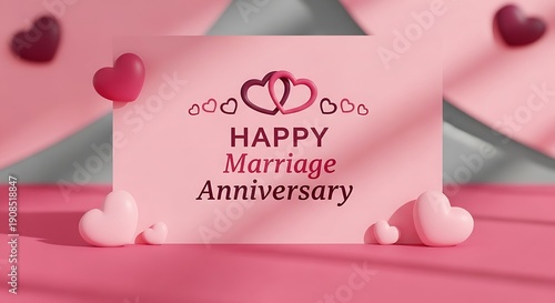 Happy marriage anniversary pink card with hearts on pink background