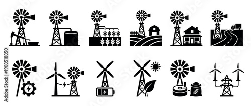 Collection of black silhouette icons representing windmills, wind turbines, farming, and renewable energy concepts in a clean, flat vector style for various design applications