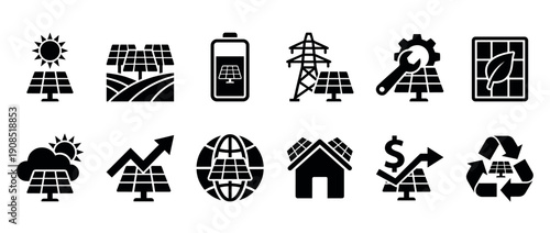 Set of black solar energy icons representing renewable power, green technology, sustainability, photovoltaic panel installation, battery storage, and financial investment concepts