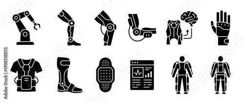 Set of black glyph icons representing bionics, exoskeletons, and prosthetic limbs for human enhancement and rehabilitation in a minimalist, flat vector style