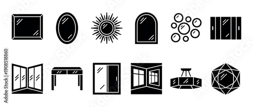 Set of black glyph icons depicting various mirrors and glass furniture for home interior design, including vanity, wardrobe, and decorative wall mirrors in different shapes