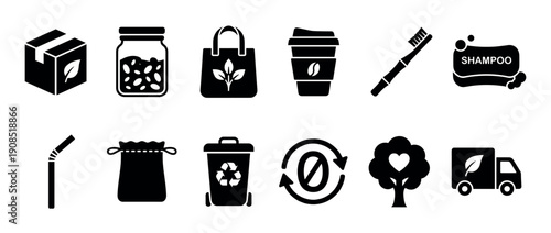 Collection of black eco-friendly icons representing zero waste lifestyle concepts like recycling, reusable products, and sustainable living in a simple minimalist graphic glyph set