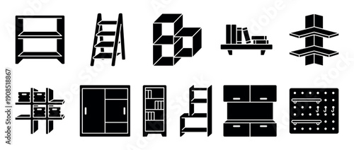Collection of black furniture glyph icons showing various storage solutions like shelves, cabinets, bookcases, and a ladder, presented as a minimalist graphic illustration set