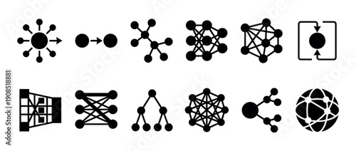 Collection of black neural network icons representing artificial intelligence, machine learning, deep learning, data science, and global connectivity concepts in a flat graphic style