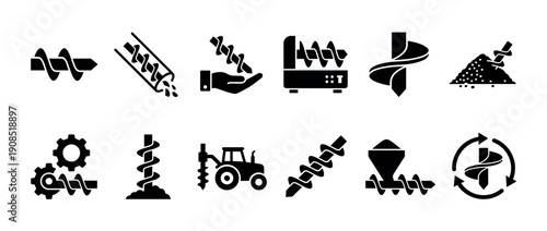 Black glyph icon set of auger drills and screw conveyors showing industrial and agricultural equipment for excavation, mixing, and bulk material transport